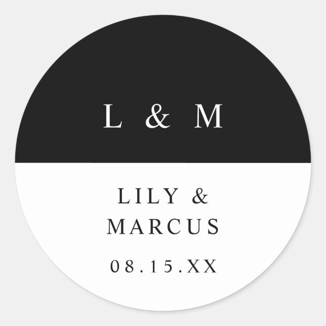 Black & White Monogram Minimalist Wedding Favour Classic Round Sticker (Front)