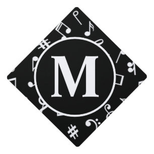 Black & White Monogram Music Note  Graduation Cap Topper