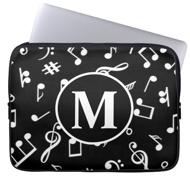 Black & White Monogram Music Note Laptop Sleeve (Front)