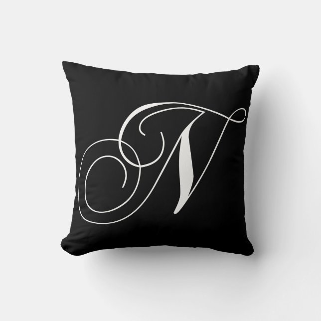 Black White Monogram N Designer Monogrammed Pillow (Front)