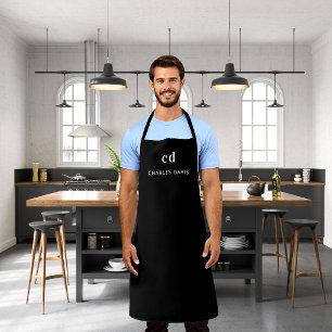 Black white monogram name business apron