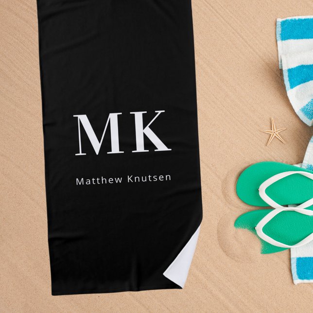 Black white monogram name initials  beach towel (Creator Uploaded)