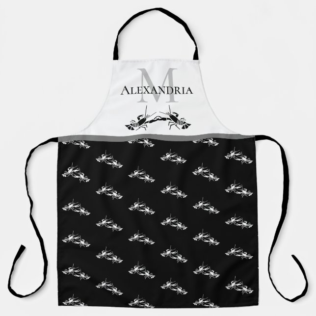 Black White Monogram Name Lobster Pattern Apron (Front)