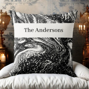 Black white monogram name marble abstract line art throw pillow