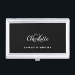 Black white monogram name minimalist business card holder<br><div class="desc">A classic chic black background. Personalize and add your first name,  monogram initials and full name. Modern,  trendy and simple.</div>
