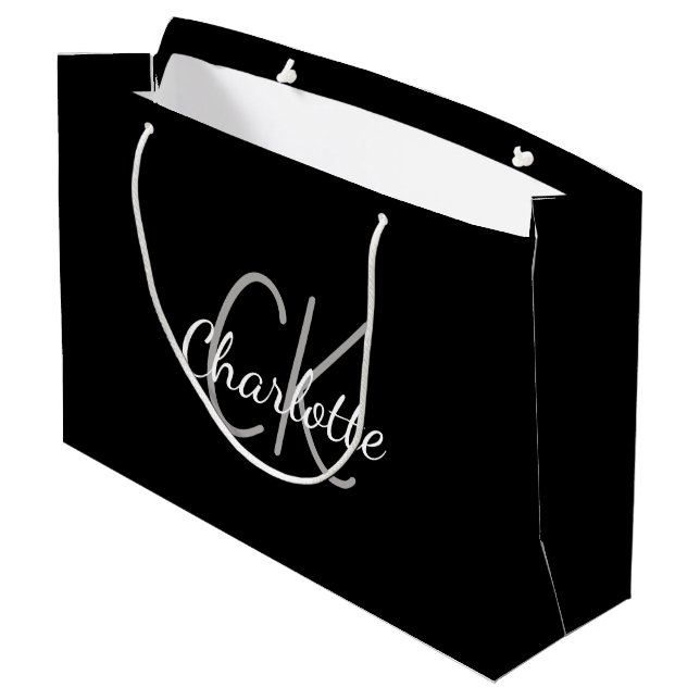 Black white monogram name modern elegant  large gift bag (Back Angled)