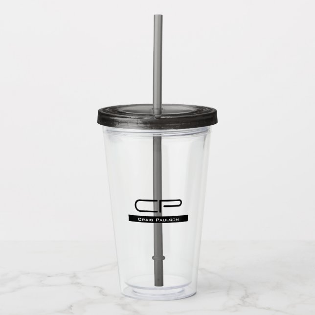 Black White Monogram Name Modern Plain Simple Acrylic Tumbler (Front)