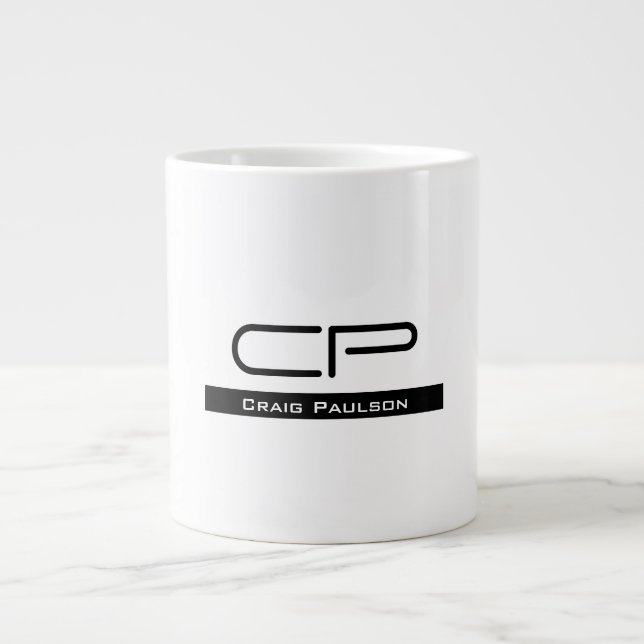 Black White Monogram Name Modern Plain Simple Large Coffee Mug (Front)