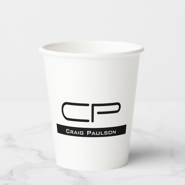 Black White Monogram Name Modern Plain Simple Paper Cups (Front)
