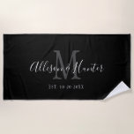 Black White Monogram Newlywed Wedding Personalized Beach Towel<br><div class="desc">Off to the honeymoon with this Black White Monogram Newlywed Wedding Personalized Beach Towel. This is a modern customizable design in black, white and grey. Bride and groom's first names are on the centre in modern white handwriting script lettering and initial of new last name is in grey. Established date...</div>