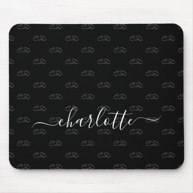 Black white monogram pattern name script mouse pad (Front)