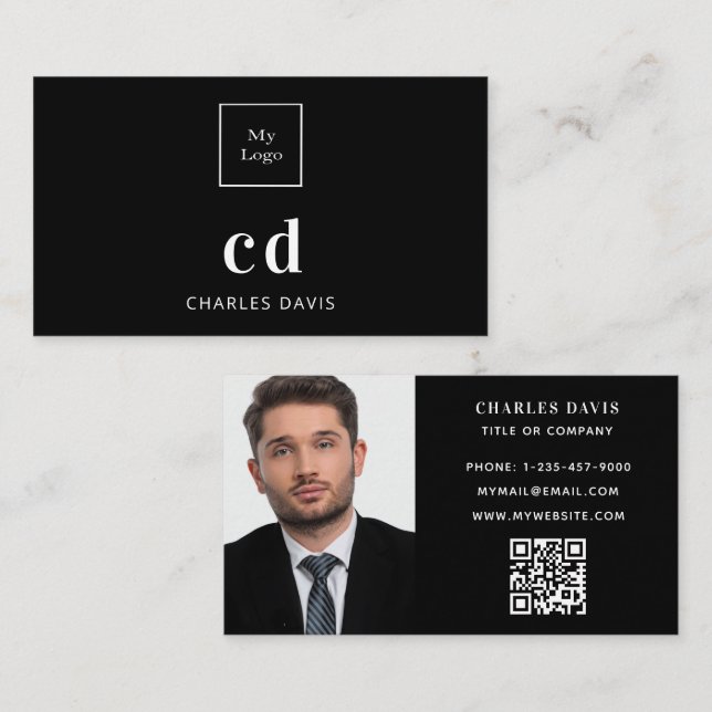 Black white monogram photo Qr code logo Business Card (Front/Back)