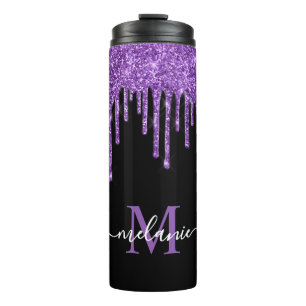 Black White Monogram Purple Glitter Drip Thermal Tumbler