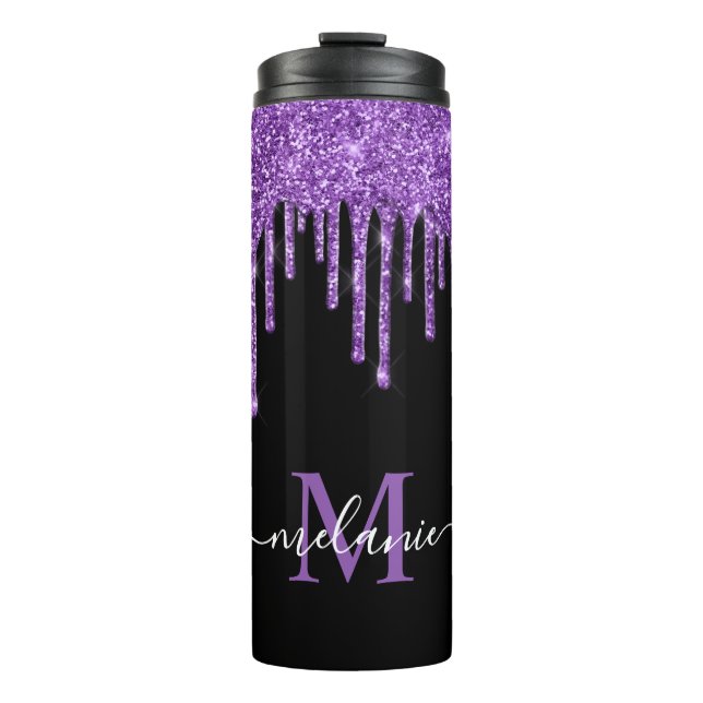 Black White Monogram Purple Glitter Drip Thermal Tumbler (Front)