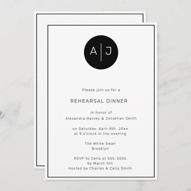 Black & White Monogram Rehearsal Dinner Invitation (Front/Back)