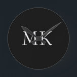 Black White Monogram  Round Clock<br><div class="desc">Modern Black White Monogram Suitcases. Beautiful design featuring white double initial monogram text on black. Personalize with your own text. Would make an excellent gift for birthdays,  holidays,  graduations,  promotions,  any special occasion,  or everyday.</div>