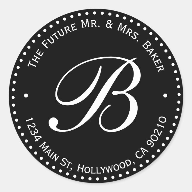 Black & White Monogram Round Return Address Label (Front)