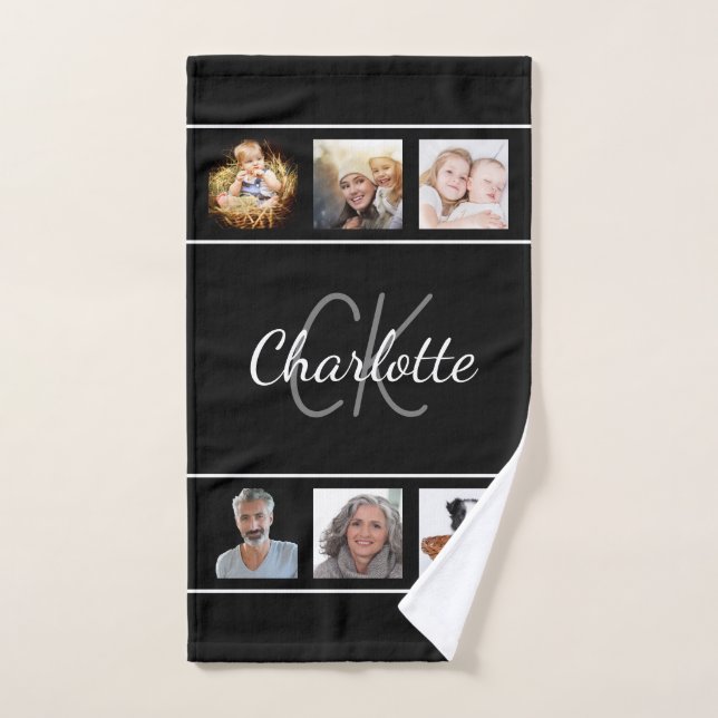 Black white monogram script photo collage hand towel (Hand Towel)