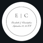Black White Monogram Script Traditional Wedding  Classic Round Sticker<br><div class="desc">Monogram this traditional black and white script font wedding sticker with your initials,  your names and your wedding date.</div>