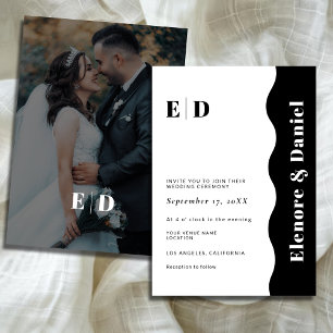 Black & White Monogram Side Wave Photo Wedding Invitation