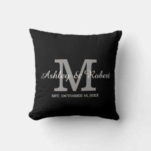 Black White Monogram Wedding Keepsake Names Date Throw Pillow