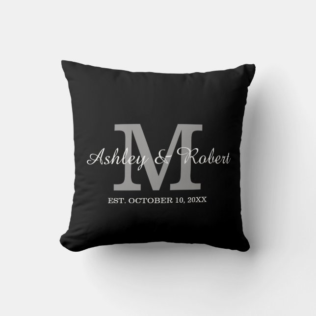 Black White Monogram Wedding Keepsake Names Date Throw Pillow (Front)