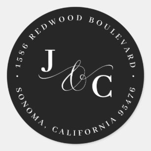 Black & White Monogram Wedding Return Address Classic Round Sticker