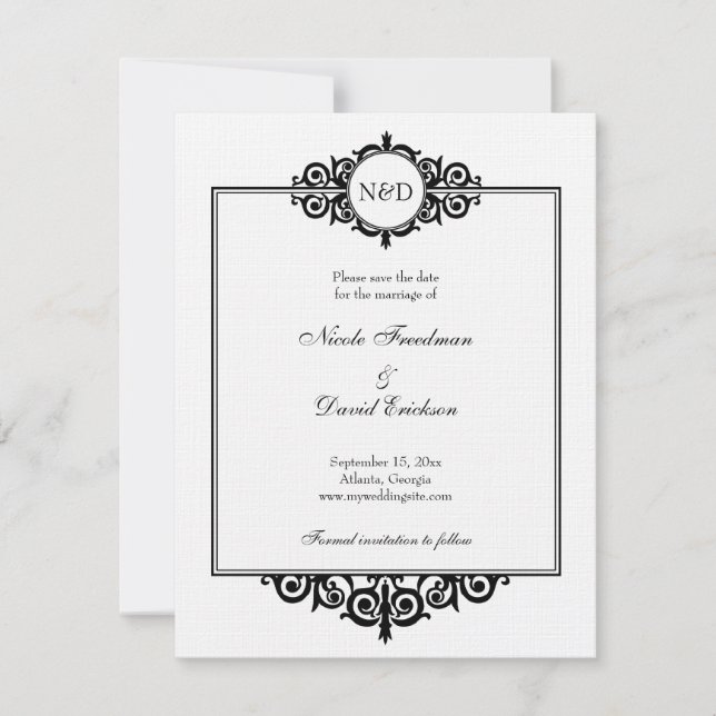Black white monogram wedding save the date (Front)