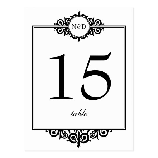 Black white monogram wedding table number card