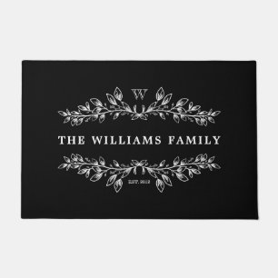 Black White Monogrammed Hand-Drawn Half Wreath Doormat