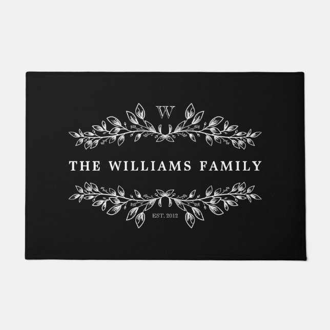 Black White Monogrammed Hand-Drawn Half Wreath Doormat (Front)