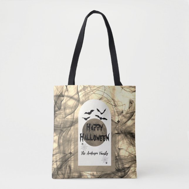 Black White Moon Modern Spooky Happy Halloween Tote Bag (Front)