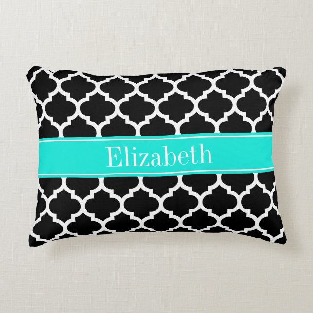 Black White Moroccan #5 Brt Aqua Name Monogram Accent Pillow (Front)