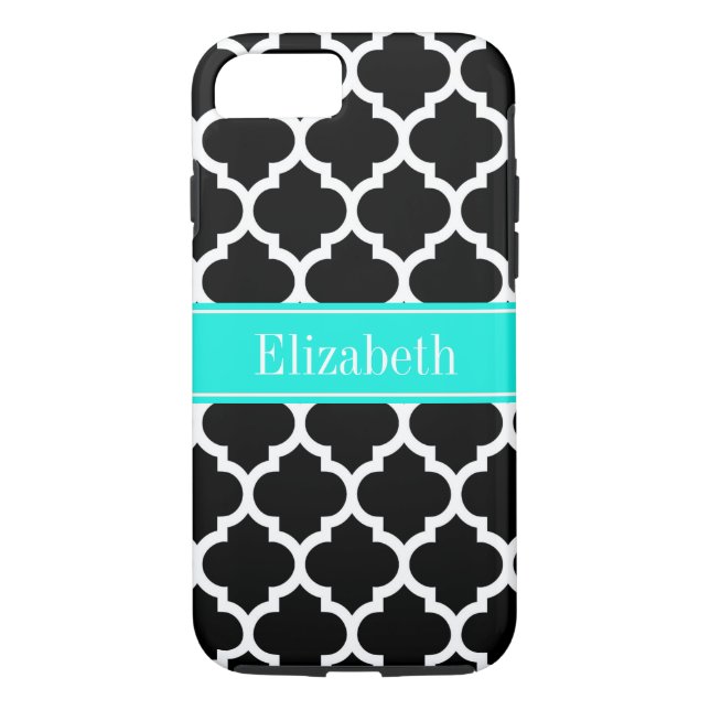 Black White Moroccan #5 Brt Aqua Name Monogram Case-Mate iPhone Case (Back)