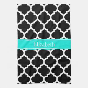 Black White Moroccan #5 Brt Aqua Name Monogram Kitchen Towel