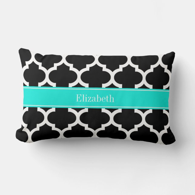 Black White Moroccan #5 Brt Aqua Name Monogram Lumbar Pillow (Front)