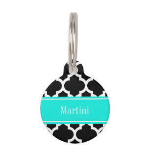 Black White Moroccan #5 Brt Aqua Name Monogram Pet Tag