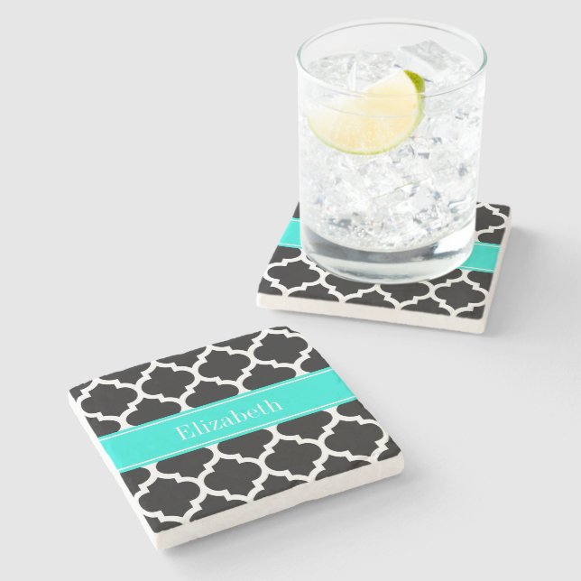 Black White Moroccan #5 Brt Aqua Name Monogram Stone Coaster (Side)