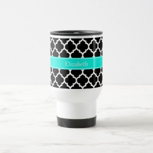 Black White Moroccan #5 Brt Aqua Name Monogram Travel Mug