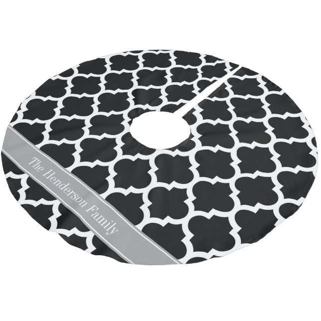 Black White Moroccan #5 Dark Grey Name Monogram Brushed Polyester Tree Skirt (Angled)
