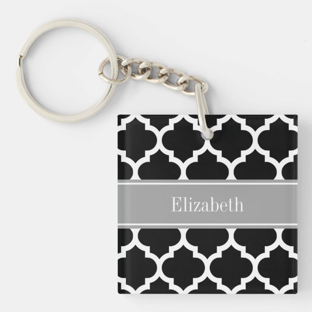 Black White Moroccan #5 Dark Grey Name Monogram Keychain (Front)
