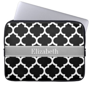 Black White Moroccan #5 Dark Grey Name Monogram Laptop Sleeve