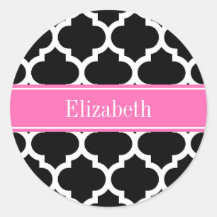 Black White Moroccan #5 Hot Pink #2 Name Monogram Classic Round Sticker