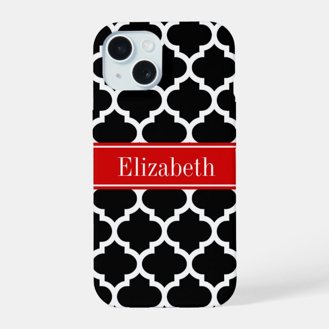 Black White Moroccan #5 Red Name Monogram iPhone 15 Case (Back)