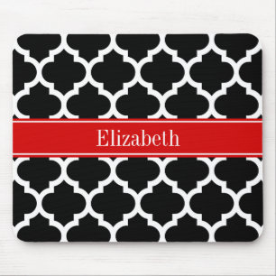Black White Moroccan #5 Red Name Monogram Mouse Pad