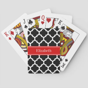 Black White Moroccan #5 Red Name Monogram Playing Cards