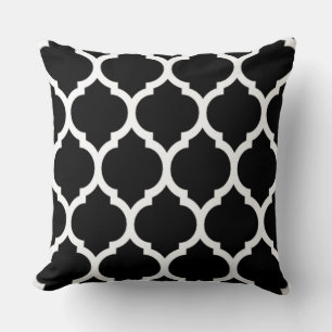 Black White Moroccan lattice Quatrefoil Pattern Throw Pillow
