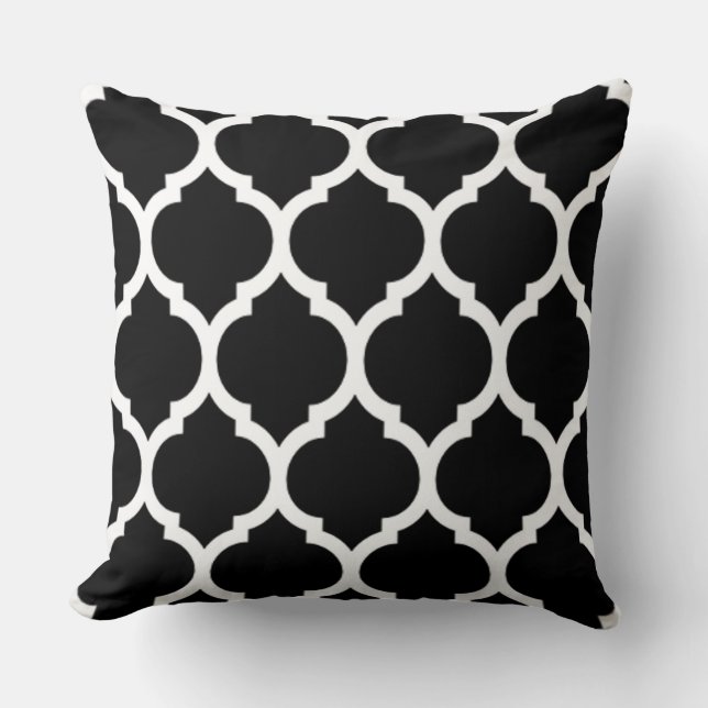 Black White Moroccan lattice Quatrefoil Pattern Throw Pillow (Front)