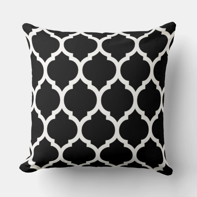 Black White Moroccan lattice Quatrefoil Pattern Throw Pillow (Front)