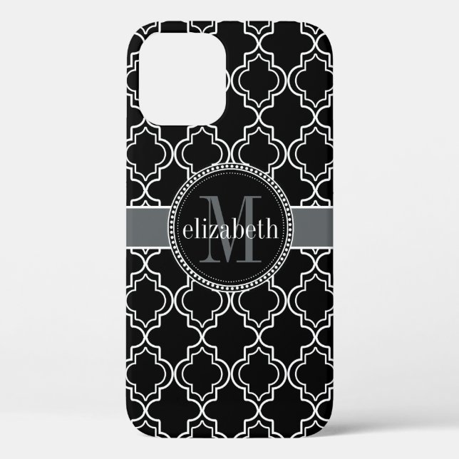 Black White Moroccan Quatrefoil Monogram Case-Mate iPhone Case (Back)